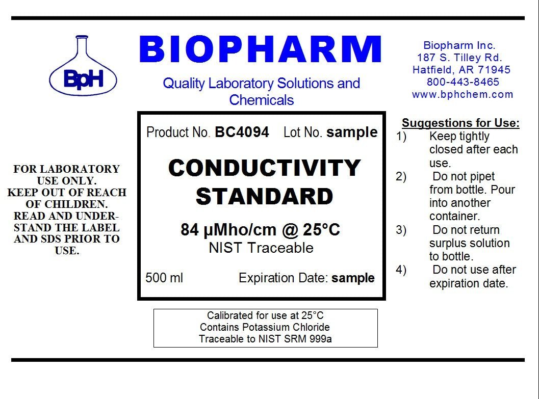 A product information card for a Biopharm conductivity standard reagent bottle. The card features the Biopharm logo and name in blue, product details including 'Product No.